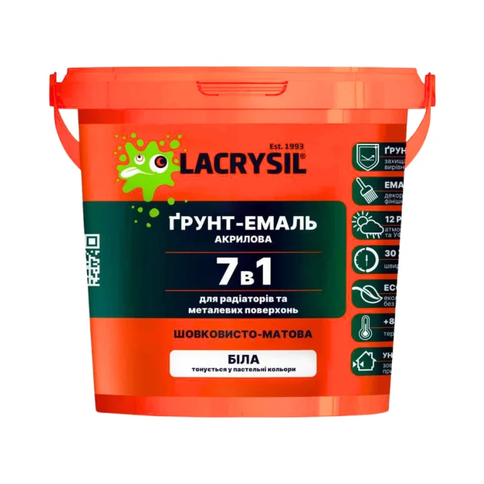 Ґрунт-емаль Lacrysil 7в1 для радіаторів та металу біла шовковистий мат 2,5 кг